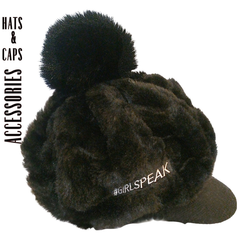 Cold Weather NEW Girl Speak Reversible Boutique Black Faux Fur Pom-Pom Cap